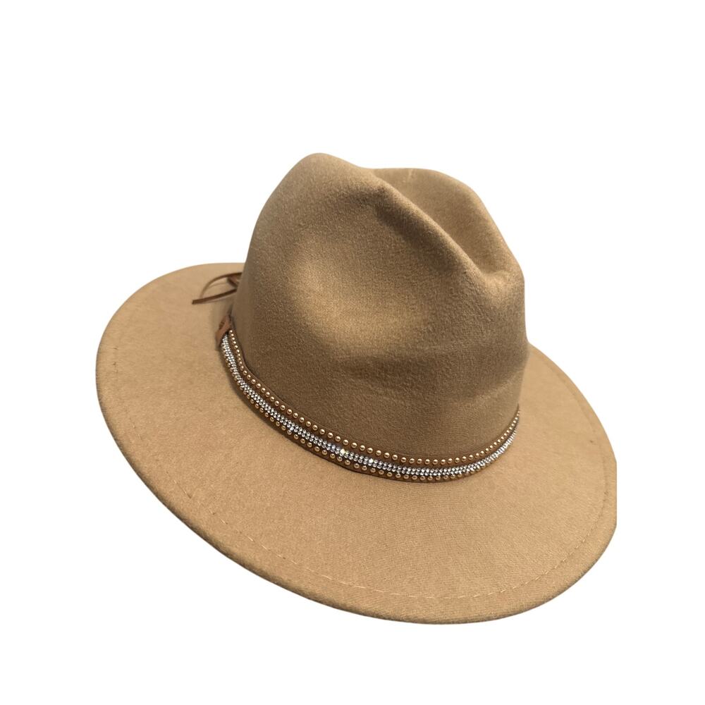Marcus Adler Tan Wide Brim Fedora Hat Rhinestone Stud Band One Size
